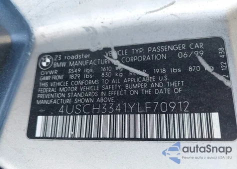 2000 BMW Z3 2.8 z USA, uszkodzony, nr VIN 4USCH3341YLF70912